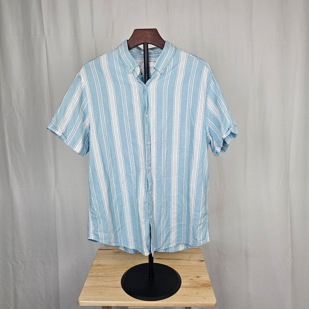 Porter & Ash Button Up Shirt Blue White Stripe Cotton Blend Size L Resortwear